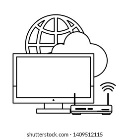 computer with router and globe icon cartoon vector illustration graphic design