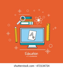 computer ruler pencil books lupe education learning school icon. Colorful design. Vector illustration