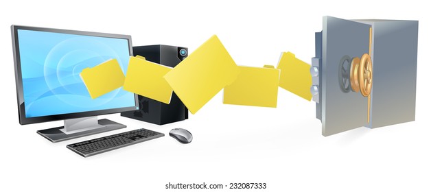 Computer safe secure transfer backup concept of files moving from computer to safe. 