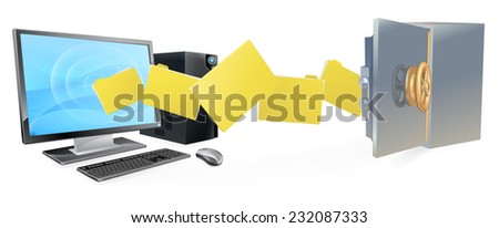 Computer safe secure transfer backup concept of files moving from computer to safe. 