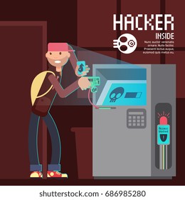 Computer safety and computer crime vector concept with cartoon hacker character. Crime and thief atm hacker illustration