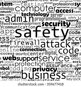 Computer safety problems in vector word cloud, newspaper like seamless pattern.