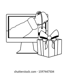 computer with santa claus arm and gift box over white background, flat design, vector illustration