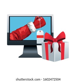 computer with santa claus arm and gift box over white background, colorful design, vector illustration
