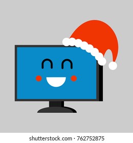 Computer Santa Claus Emoji. Merry pc. Red Santa hat. Online christmas. Vector illustration