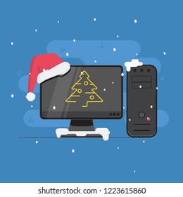 A computer with a Santa's hat and a Christmas tree on a snowing background.Vector illustration.
