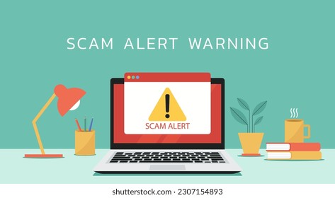 notificación de aviso de alerta de estafa de ordenador en pantalla portátil, ilustración de vector plano
