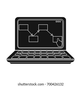 Computer with the scheme of moving the goods. Logistics and delivery single icon in black style isometric vector symbol stock illustration web.