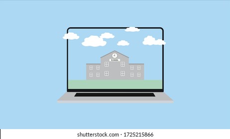 computer with school building picture on light blue background: ideal for home school to prevent covid19