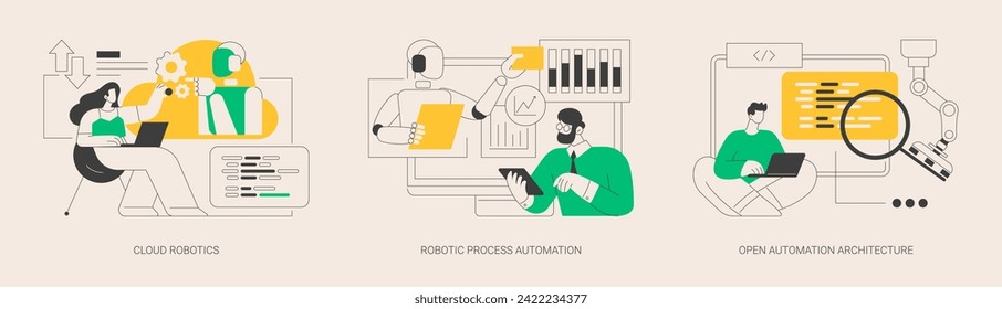 Computer science abstract concept vector illustration set. Cloud robotics technology, robotic process, open automation architecture, AI-based software, open source industrial soft abstract metaphor.