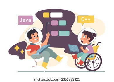 Clase de ciencias de la computación para niños. Programación y codificación diversa para niños. Curso de informática. Práctica de desarrollo de software, aplicaciones y web. Ilustración vectorial plana