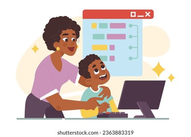 Computer science class for kids. Little black boy programming and coding with his mom support. Informatics course. Web, apps and software development practice. Flat vector illustration