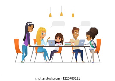 Computer Science Club. Happy children and students sitting at laptops talk to each other and learning programming. Coding for kids concept. Vector illustration for website, advertisement, poster