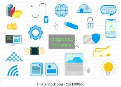 Computer Science Education With With Various Objects And Paper Line Background - Vector