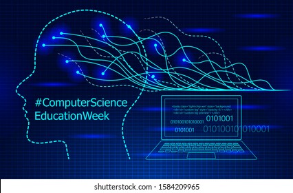 Computer Science Education Week Is Celebrated In USA During The Second Week In December. “Hour Of Code” Concept Vector. Digital Future Waves In Cyberspace With Grid. AI Technology.