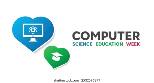 Semana de la Educación de Ciencias de la Computación. Corazones, gorras de graduación, informática y ciencias. Ideal para tarjetas, Anuncios, carteles, redes sociales y más. El fondo blanco. 