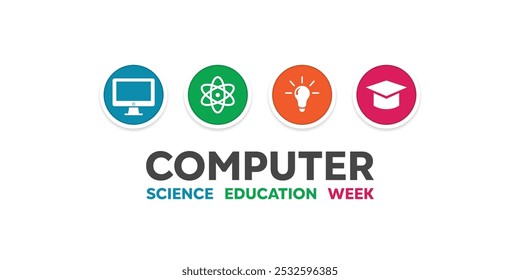 Semana de la Educación de Ciencias de la Computación. Informática, ciencias, lámpara y gorras de graduación. Ideal para tarjetas, Anuncios, carteles, redes sociales y más. El fondo blanco. 