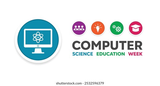 Computer Science Education Week. Computer, peoples, lamp, gear and graduation caps. Great for cards, banners, posters, social media and more. White background. 