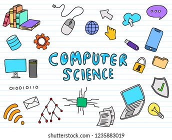 computer science engineering education doodle art with color colour full fun style vector illustration