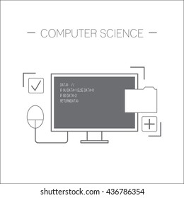 Computer science icon. Monitor, computer mouse, folder. Flat design minimalistic vector illustration isolated on white background.