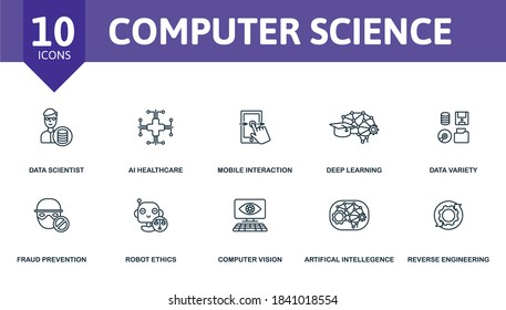 Computer Science icon set. Collection contain engineering, ethics, fraud, prevention, artificial, intelligence and over icons. Computer Science elements set.