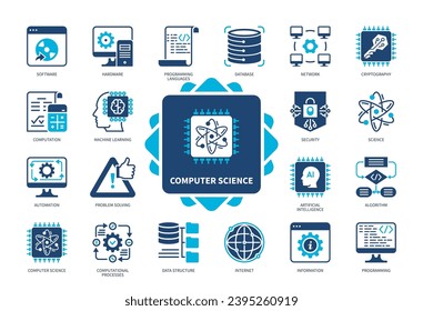 Computer Science icon set. Computation, Automation, Software, Science, Algorithm, Data Structure, Problem Solving, Hardware. Duotone color solid icons