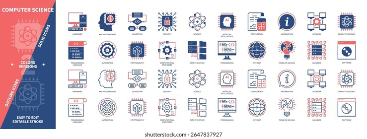 Conjunto de ícones da Ciência da Computação. Computação, Automação, Software, Ciência, Algoritmo, Estrutura De Dados, Aprendizagem De Máquinas, Hardware. Ícones de contorno sólido e editável de cor duotônica