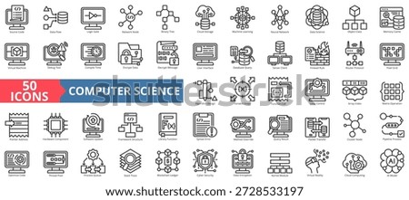 computer science icon set outline style illustration. containing source code,data flow,logic gate,network node,binary tree,cloud storage,machine learning,neural network,data science,object class icon