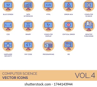 Computer science icons including blue screen, data interface, HTML, error 404, CSS, binary, display, critical, desktop publishing, hardware security, PHP code, programming, IDE.