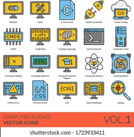 Computer science icons including boolean, build, document, cable connector, cloud coding, CMOS, command line, case, display, memory, degree, cooling system, critical error, CSS, data interface, debug.