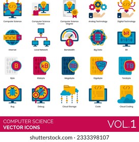 Computer Science Icons Including Computer; Science; Course; Degree; Analog; Technology; Digital; Internet; Local; Network; Bandwidth; Big; Data; Bit; Byte; Kilobyte; Megabyte; Gigabyte; Terabyte; Bug;