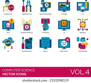 Computer Science Icons Including Computer; Science; Course; Degree; Analog; Technology; Digital; Internet; Local; Network; Bandwidth; Big; Data; Bit; Byte; Kilobyte; Megabyte; Gigabyte; Terabyte; Bug;