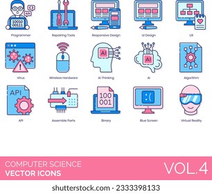 Computer Science Icons Including Computer; Science; Course; Degree; Analog; Technology; Digital; Internet; Local; Network; Bandwidth; Big; Data; Bit; Byte; Kilobyte; Megabyte; Gigabyte; Terabyte; Bug;