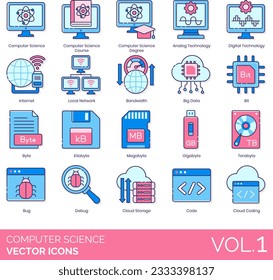 Computer Science Icons Including Computer; Science; Course; Degree; Analog; Technology; Digital; Internet; Local; Network; Bandwidth; Big; Data; Bit; Byte; Kilobyte; Megabyte; Gigabyte; Terabyte; Bug;