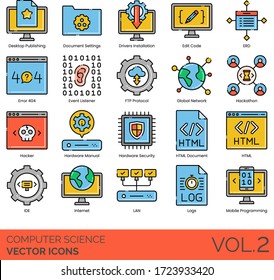 Computer science icons including desktop publishing, driver installation, edit code, ERD, error 404, event listener, FTP protocol, hackathon, hacker, security, HTML, IDE, LAN, log, mobile programming.