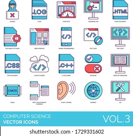 Computer science icons including hacker, log, code rate, command line, HTML, settings, web interface, mobile programming, edit, PHP, CSS, cloud coding, C document, boolean, desktop publishing, CMOS.