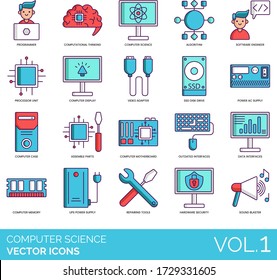 Computer science icons including programmer, computational thinking, algorithm, software engineer, processor unit, display, video adapter, SSD disk drive, power AC supply, assemble part, motherboard.