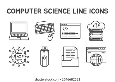 Ícones de Ciência da Computação Conjunto com 8 ícones de linha editáveis em um estilo limpo e mínimo. Perfeito para tutoriais de codificação, infográficos técnicos, desenvolvimento para Web, aprendizagem digital e projetos relacionados a TI.