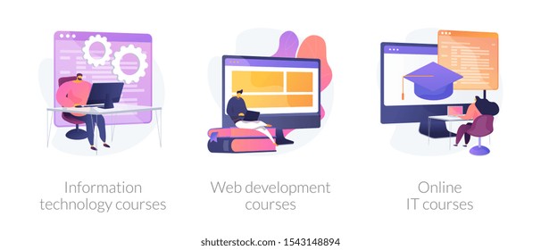 Computer science, internet education, remote studying icons set. Information technology courses, web development courses, online it courses metaphors. Vector isolated concept metaphor illustrations