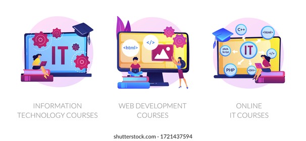 Computer science, internet education, remote studying icons set. Information technology courses, web development courses, online it courses metaphors. Vector isolated concept metaphor illustrations