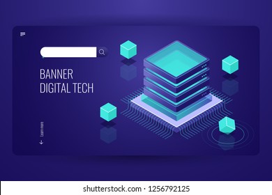 Computer Science Isometric Landing Page, Server Room, Cloud Database, Futuristic Lighting Object With Cube Form Dark Neon Violet Vector