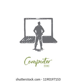 Computer science, laptop, study, technology concept. Hand drawn man standing near laptop concept sketch. Isolated vector illustration.