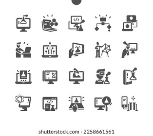 Computer science. Microscope, algorithms and virtual reality. Innovation, engineering and technology. Online chemistry. Vector Solid Icons. Simple Pictogram