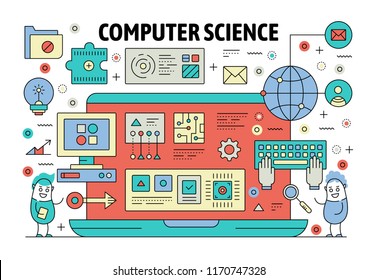 Computer science poster banner template. Information technology, machine learning process design elements. Vector thin line art flat style symbols, icons for website banners and printed materials.