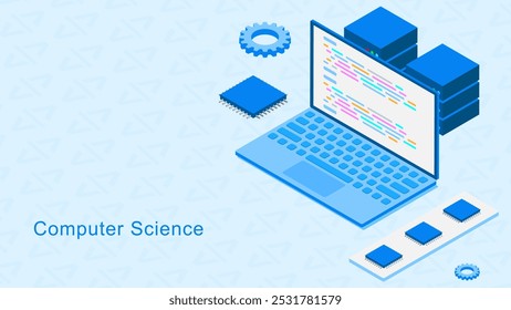 Ciência da computação e conceito de programação com laptop, microchip, servidor e engrenagens isométricas. Inteligência artificial e inovação tecnológica. Ilustração vetorial