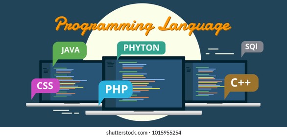 Computer Science Programming Language, illustration laptop and buble programming language name, flat vector.