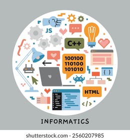Computer science and programming lesson at school, IT education concept. Round art with computer, laptop, languages, console, pixel art and digital interface. Vector illustration, hand drawn, flat