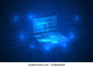 computer science security and privacy protection technology abstract. computer on digital circuit lines tech background.