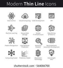 Computer science and software development. IT industry, code programming and computing technologies concept. Modern thin line art icons. Linear style illustrations isolated on white. 