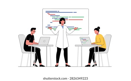 Computer science teacher presenting a coding lesson to students working on laptops in a modern classroom.